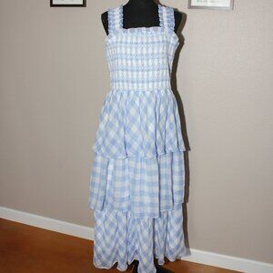 English Factory Womens Blue Gingham Check Tiered Midi Chiffon Dress Size L NWT